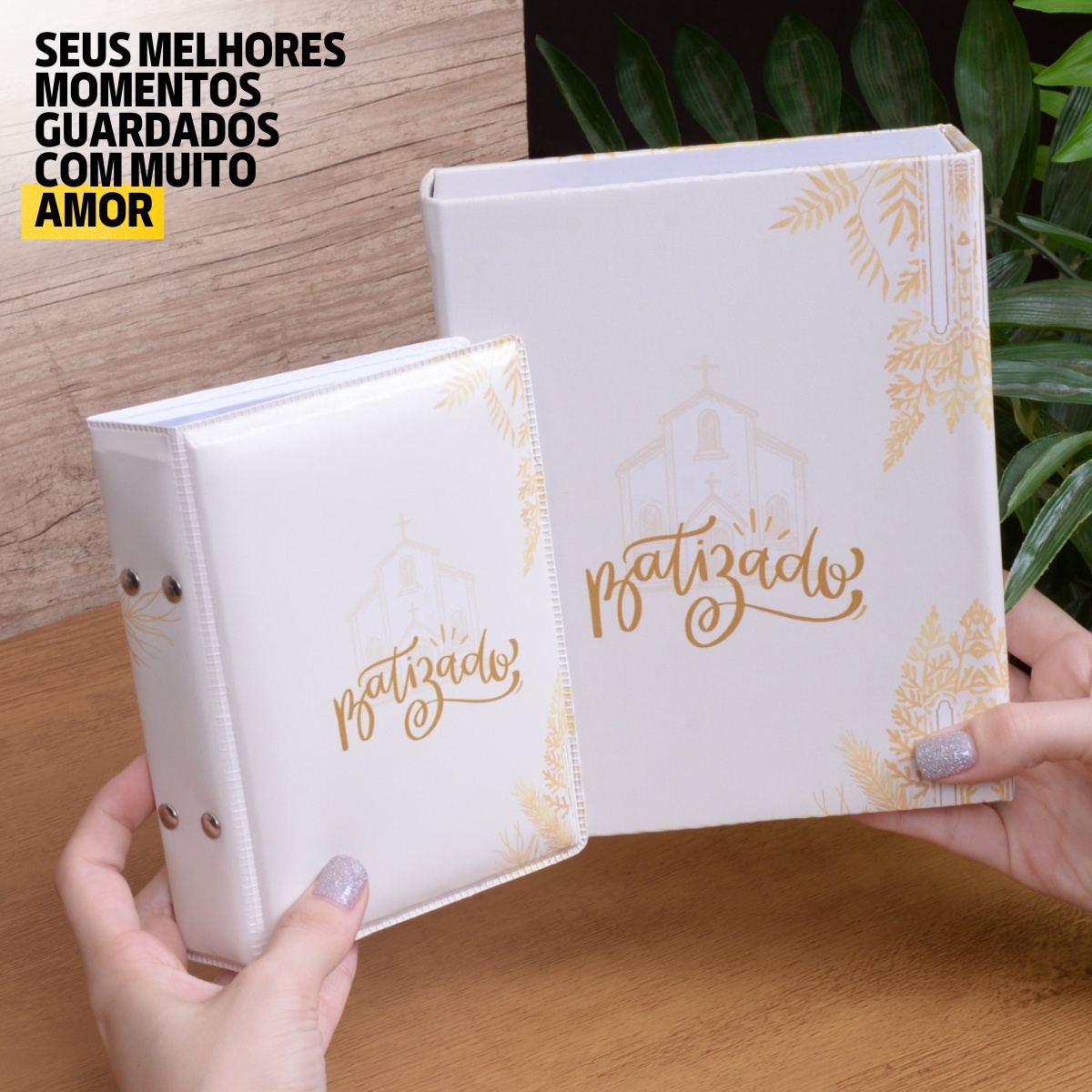Estojo Imantado com Álbum p/ 120 fotos 10x15 BATIZADO BRANCO Igreja Católico Cristão Igreja - Imagem 3