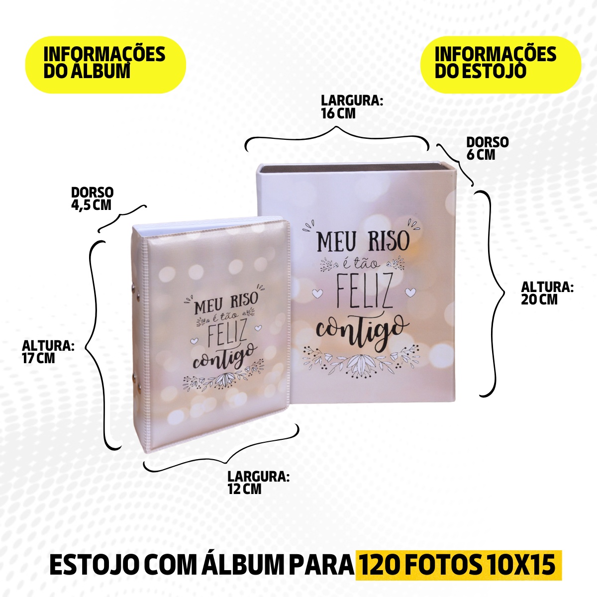 Estojo e Álbum 120 fotos 10x15 MEU RISO Bege Casal Namorados Noivado Mãe Amigo - Imagem 9