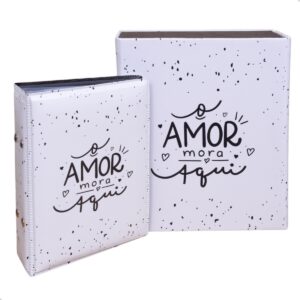 Estojo Imantado com Álbum p/ 120 fotos 10x15 AMOR MORA Família Amigos Casal