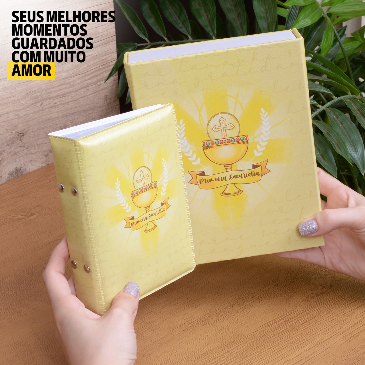 Estojo Imantado com Álbum p/ 120 fotos 10x15 PRIMEIRA EUCARISTIA Comunhão Cálice Hóstia - Imagem 4