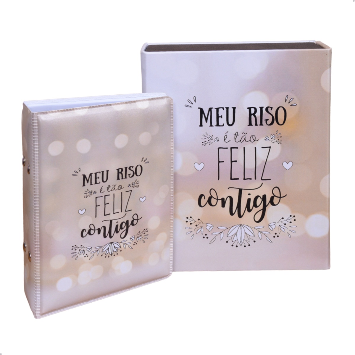 Estojo e Álbum 120 fotos 10x15 MEU RISO Bege Casal Namorados Noivado Mãe Amigo