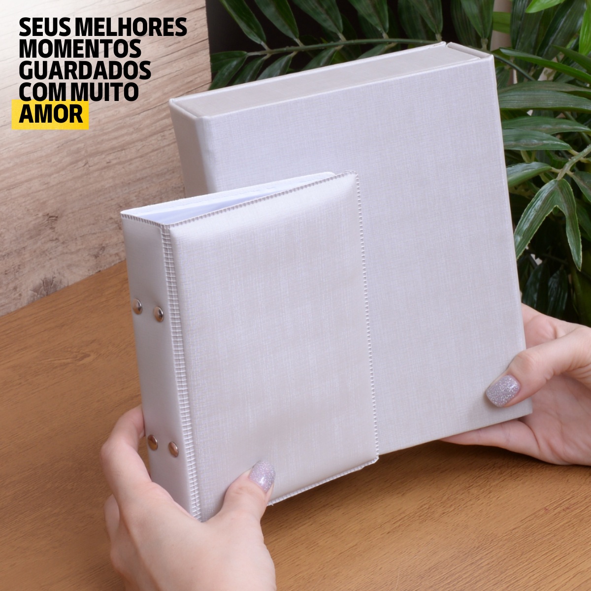 Estojo Imantado com Álbum p/ 120 fotos 10x15 DUNY PRATA Liso Caixa Imã Bodas Família Casal - Imagem 3