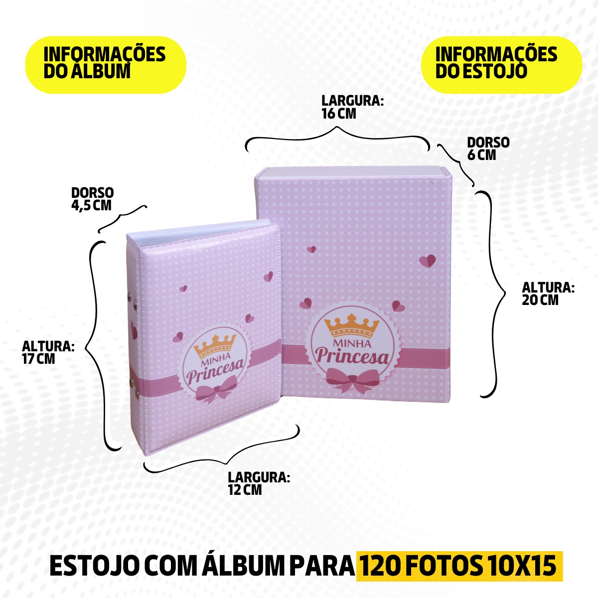 Estojo e Álbum 120 fotos 10x15 MINHA PRINCESA Bebê Infantil Rosa Coroa - Imagem 8