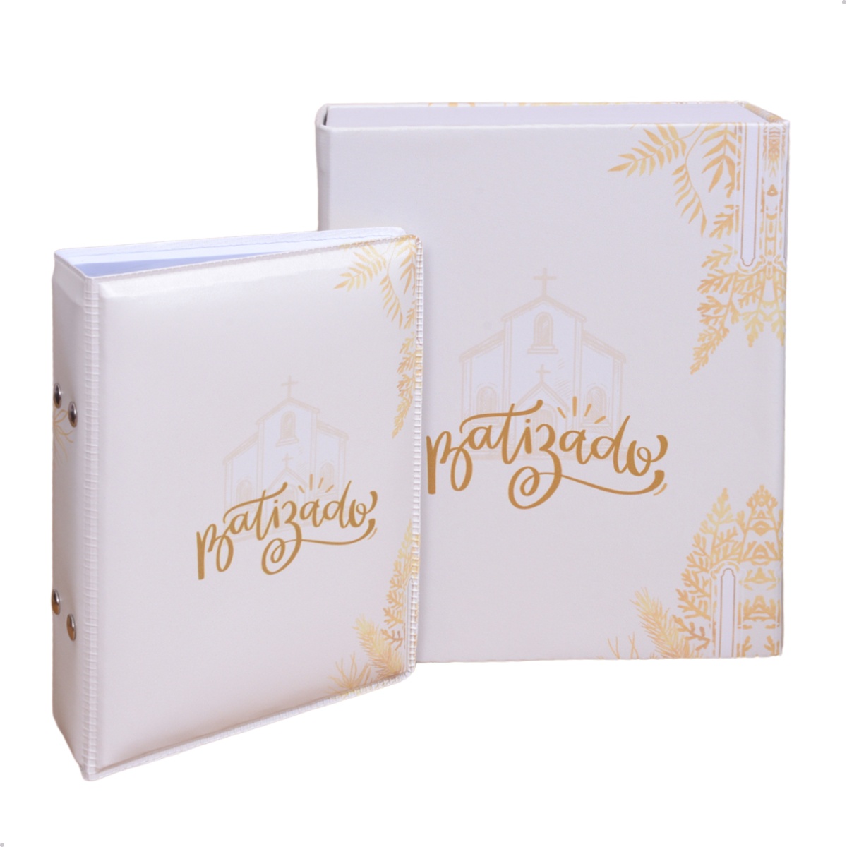 Estojo Imantado com Álbum p/ 120 fotos 10x15 BATIZADO BRANCO Igreja Católico Cristão Igreja
