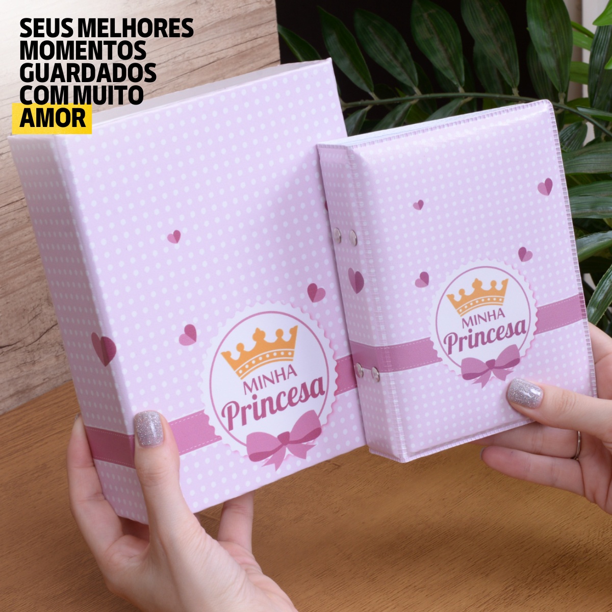 Estojo e Álbum 120 fotos 10x15 MINHA PRINCESA Bebê Infantil Rosa Coroa - Imagem 3