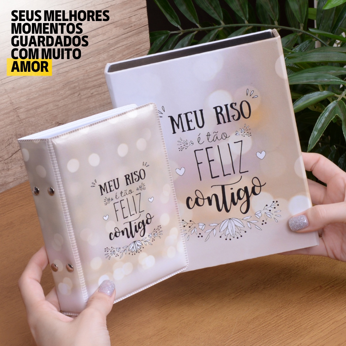 Estojo e Álbum 120 fotos 10x15 MEU RISO Bege Casal Namorados Noivado Mãe Amigo - Imagem 3