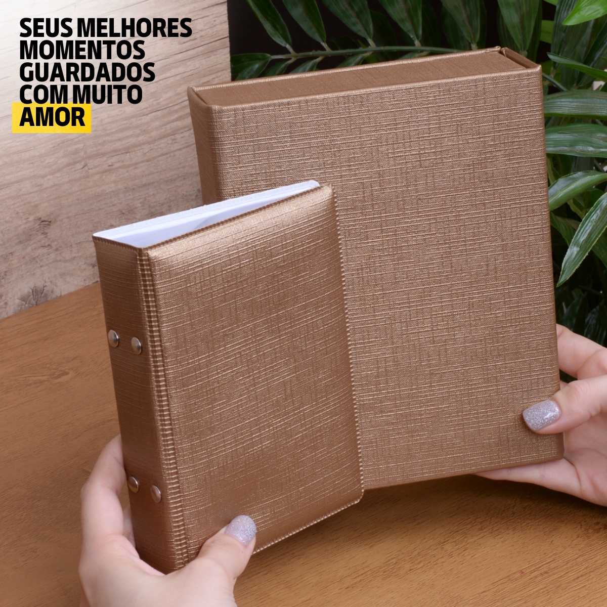 Estojo Imantado com Álbum p/ 120 fotos 10x15 LINHO OURO Liso Caixa Imã Bodas Família Casal - Imagem 3