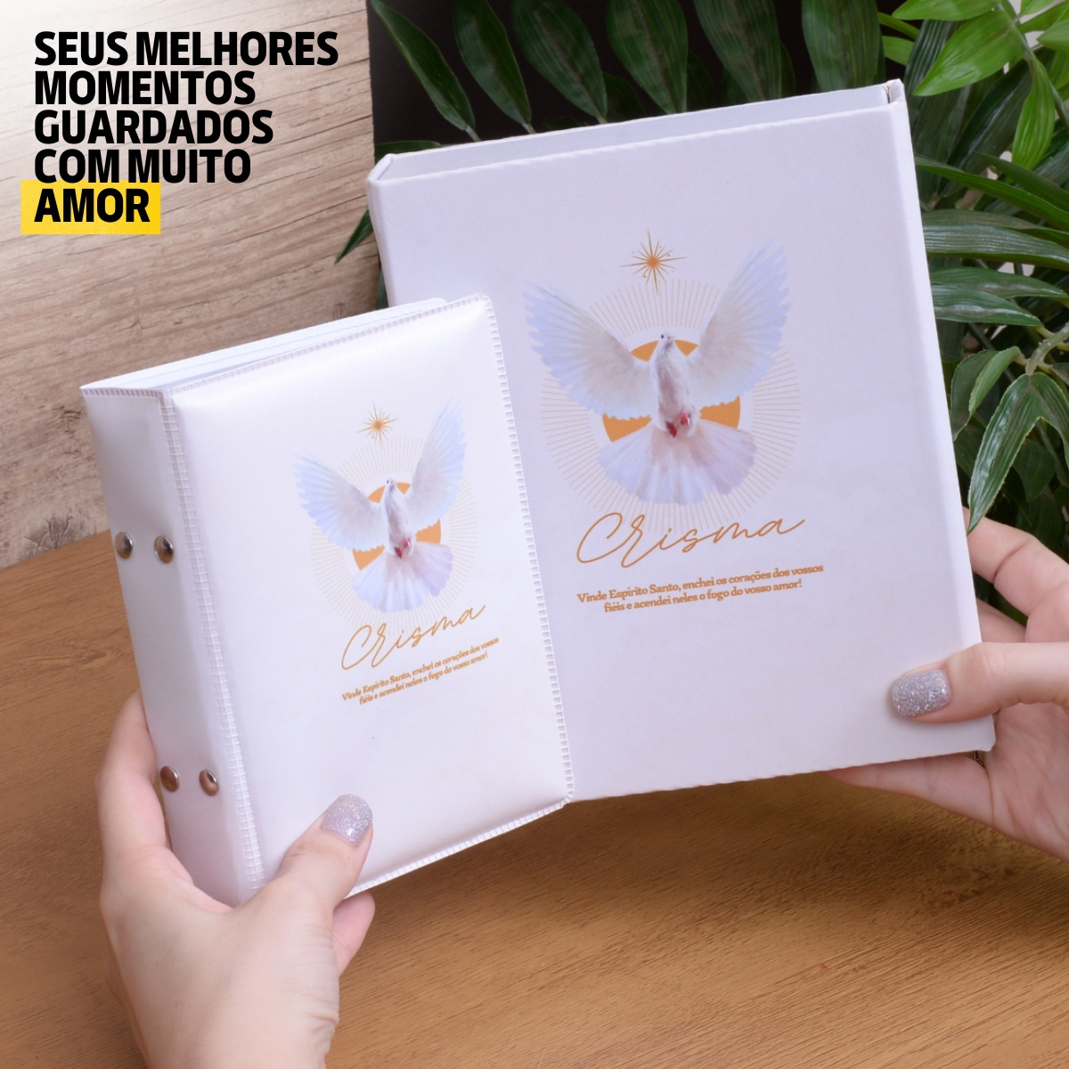 Estojo Imantado com Álbum p/ 120 fotos 10x15 CRISMA BRANCO Igreja Católico Cristão Espírito Santo - Imagem 3