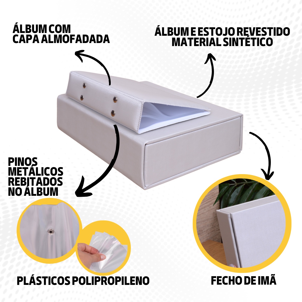 Estojo Imantado com Álbum p/ 120 fotos 10x15 DUNY PRATA Liso Caixa Imã Bodas Família Casal - Imagem 8
