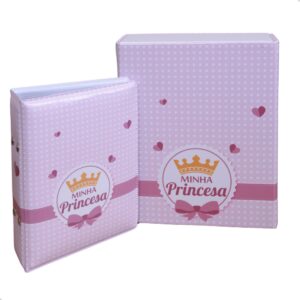 Estojo e Álbum 120 fotos 10x15 MINHA PRINCESA Bebê Infantil Rosa Coroa