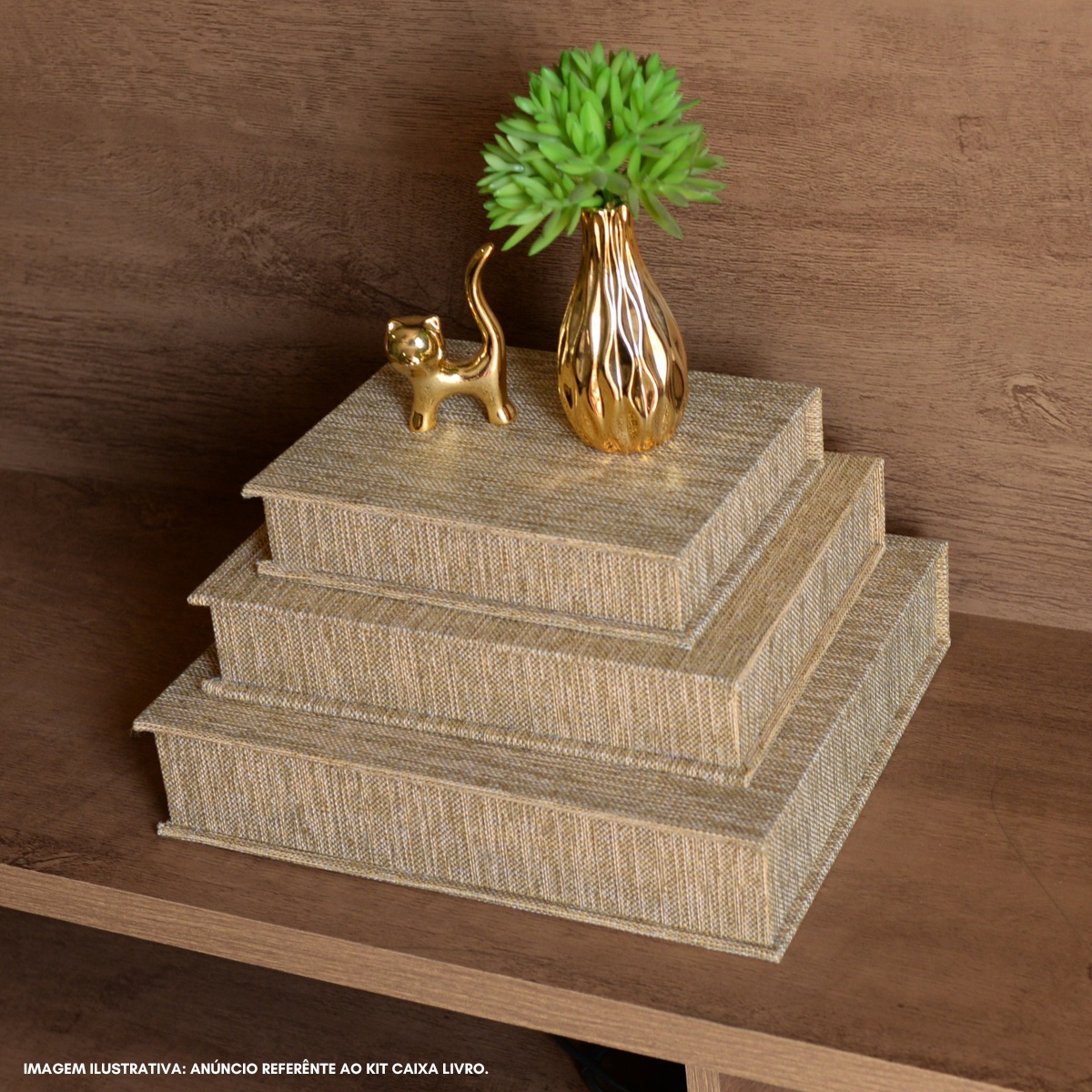 Kit 3 Caixa Livro Falso MDF TECIDO JUTA DOURADO Decorativa Porta Objeto Elegante - Imagem 5