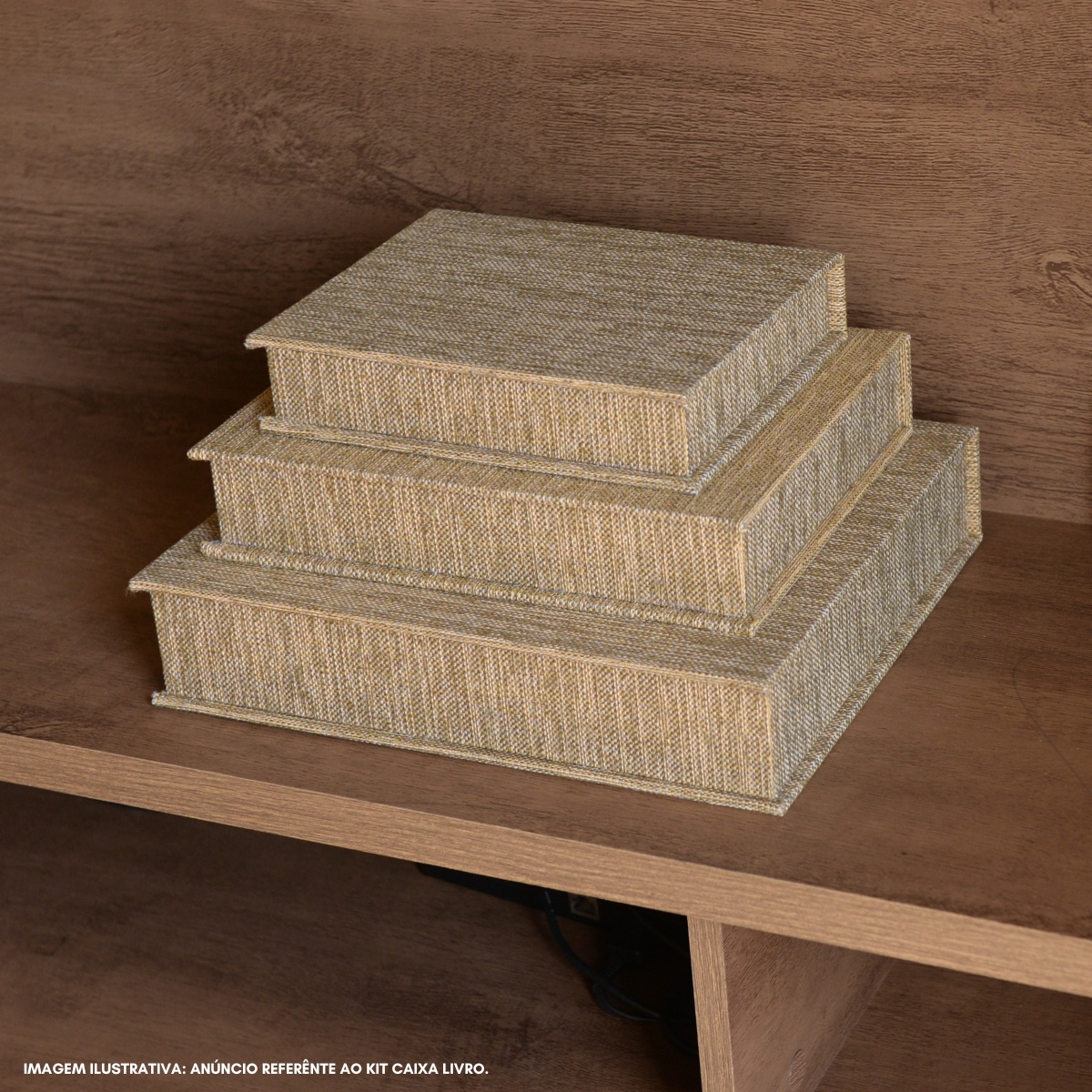 Kit 3 Caixa Livro Falso MDF TECIDO JUTA DOURADO Decorativa Porta Objeto Elegante - Imagem 7