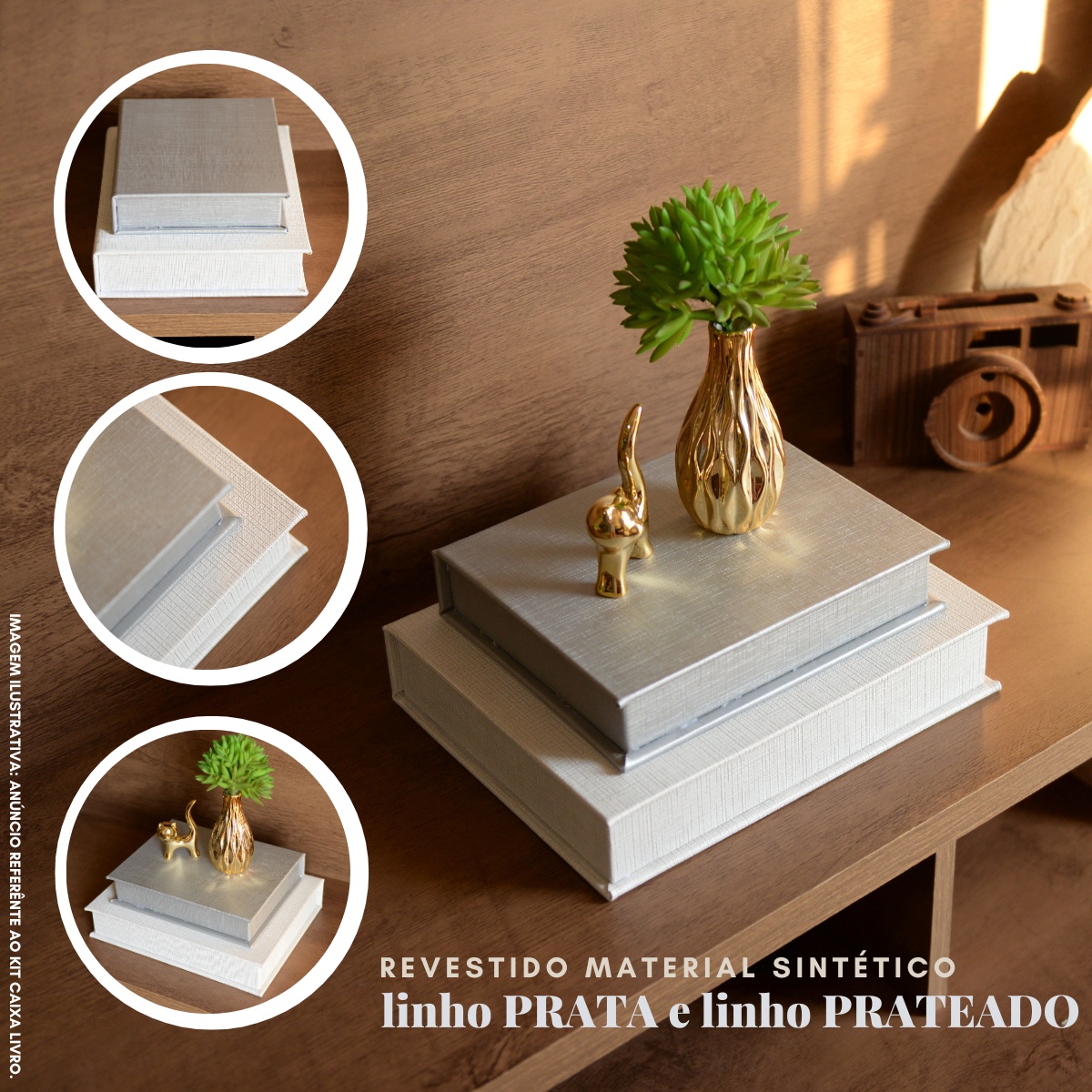 Kit 2 Caixa Livro Falso MDF LINHO PRATA e LINHO PRATEADO Decorativa Porta Objeto Elegante - Imagem 2