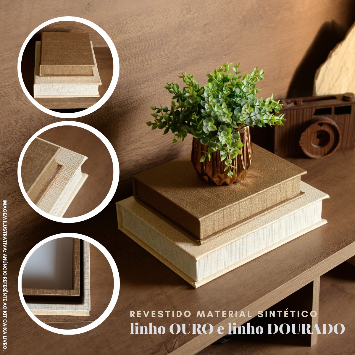 Kit 2 Caixa Livro Falso MDF LINHO OURO e LINHO DOURADO Decorativa Porta Objeto Elegante - Imagem 3