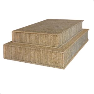 Kit 2 Caixa Livro Falso MDF TECIDO JUTA DOURADO Decorativa Porta Objeto Elegante