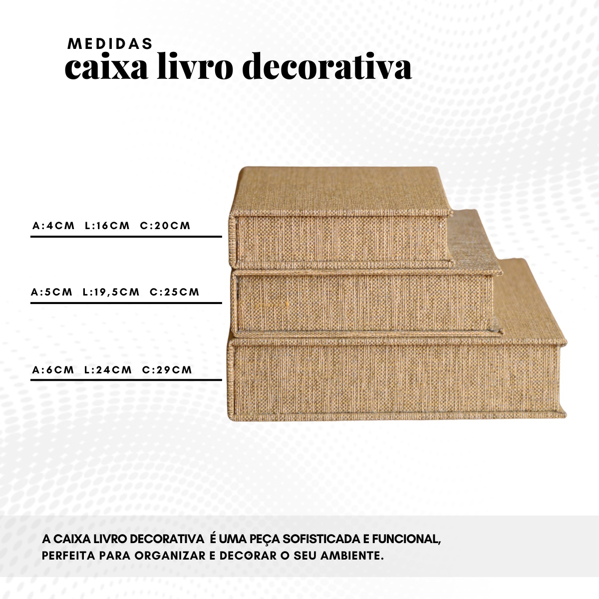 Kit 3 Caixa Livro Falso MDF TECIDO JUTA DOURADO Decorativa Porta Objeto Elegante - Imagem 8