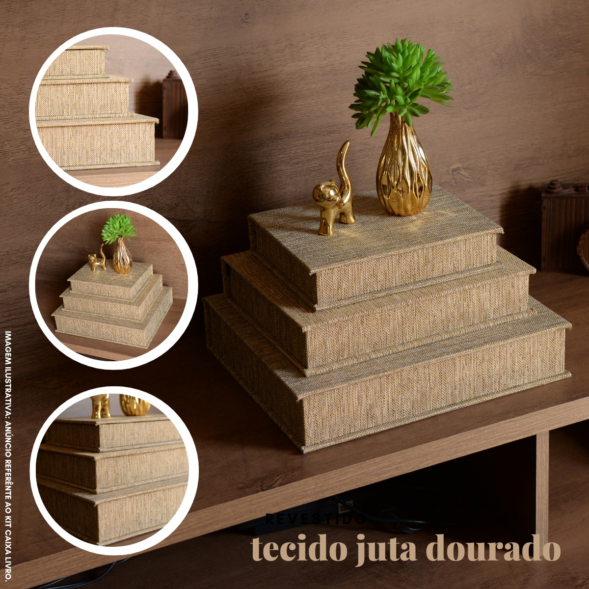 Kit 3 Caixa Livro Falso MDF TECIDO JUTA DOURADO Decorativa Porta Objeto Elegante - Imagem 2