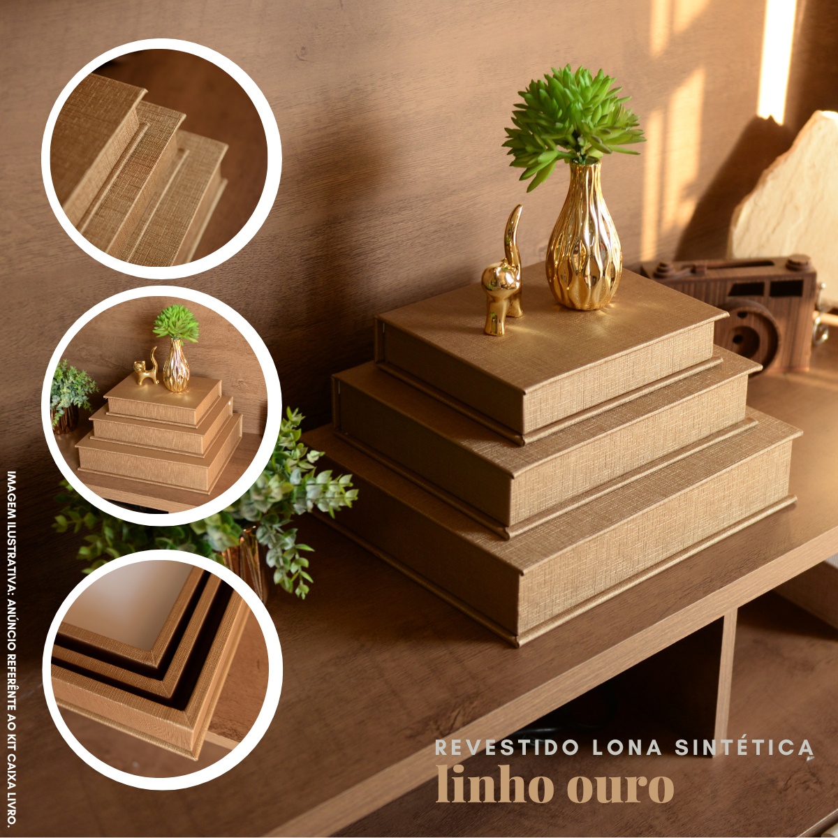 Kit 3 Caixa Livro Falso MDF LINHO OURO Dourada Decorativa Porta Objeto Elegante - Imagem 2