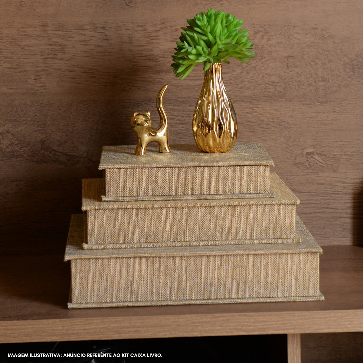 Kit 3 Caixa Livro Falso MDF TECIDO JUTA DOURADO Decorativa Porta Objeto Elegante - Imagem 3