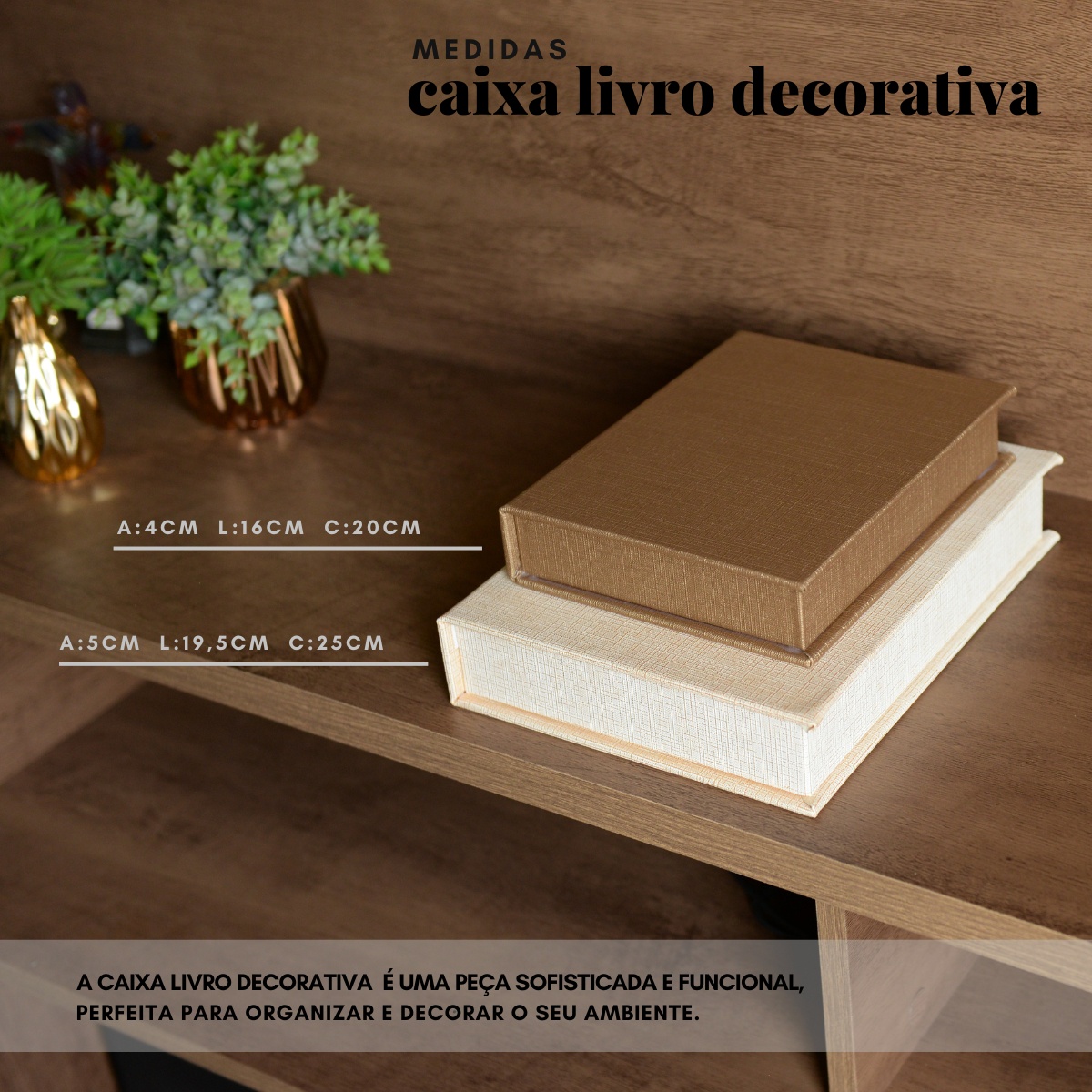 Kit 2 Caixa Livro Falso MDF LINHO OURO e LINHO DOURADO Decorativa Porta Objeto Elegante - Imagem 4