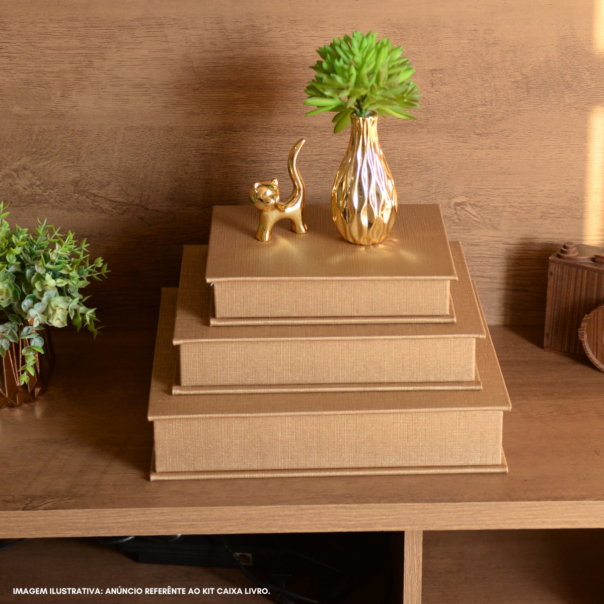 Kit 3 Caixa Livro Falso MDF LINHO OURO Dourada Decorativa Porta Objeto Elegante - Imagem 4