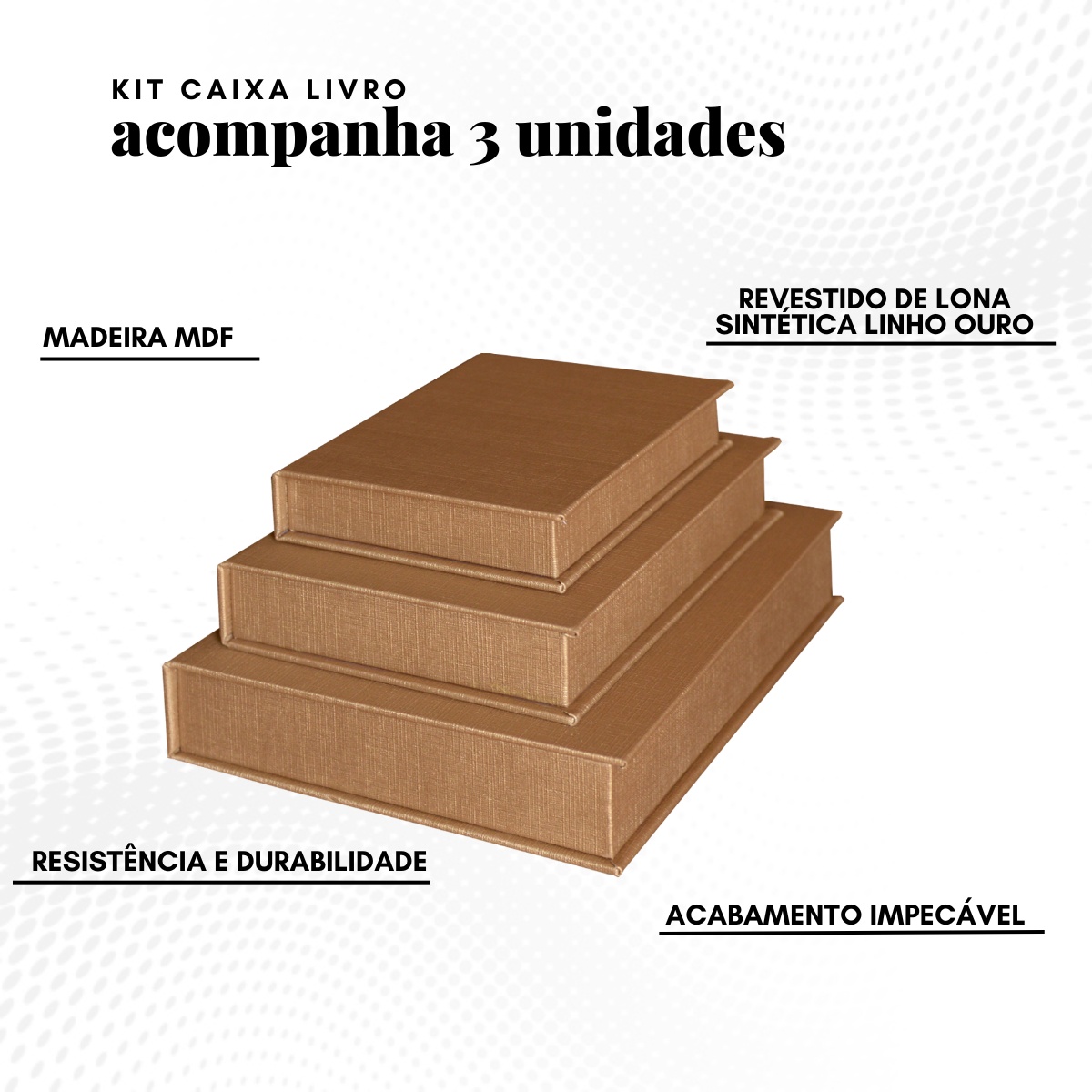 Kit 3 Caixa Livro Falso MDF LINHO OURO Dourada Decorativa Porta Objeto Elegante - Imagem 9
