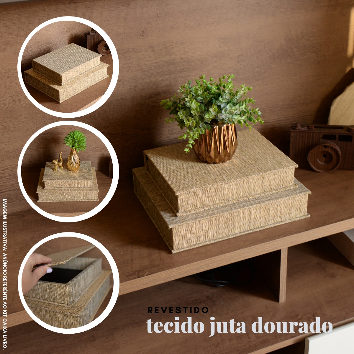 Kit 2 Caixa Livro Falso MDF TECIDO JUTA DOURADO Decorativa Porta Objeto Elegante - Imagem 2
