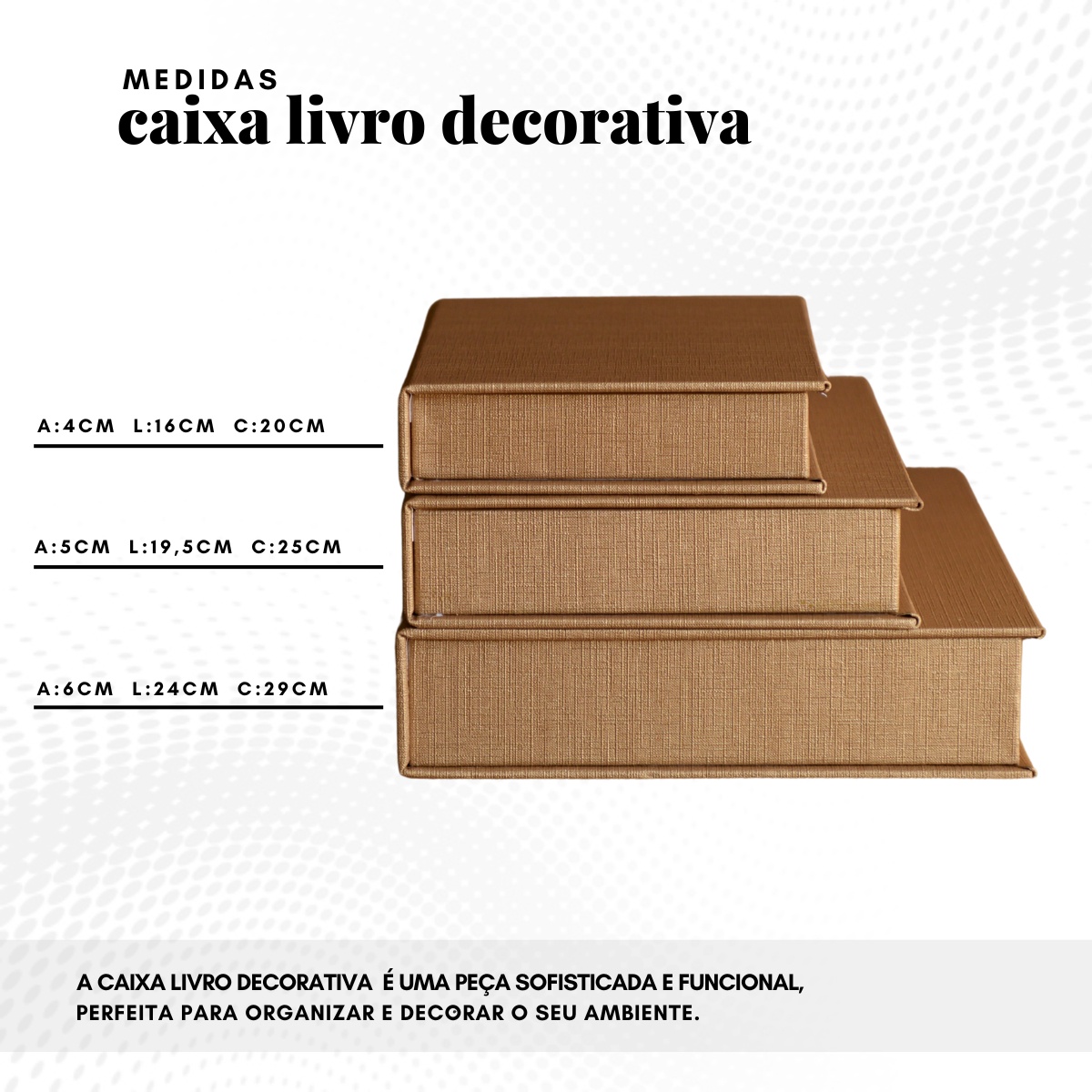 Kit 3 Caixa Livro Falso MDF LINHO OURO Dourada Decorativa Porta Objeto Elegante - Imagem 8