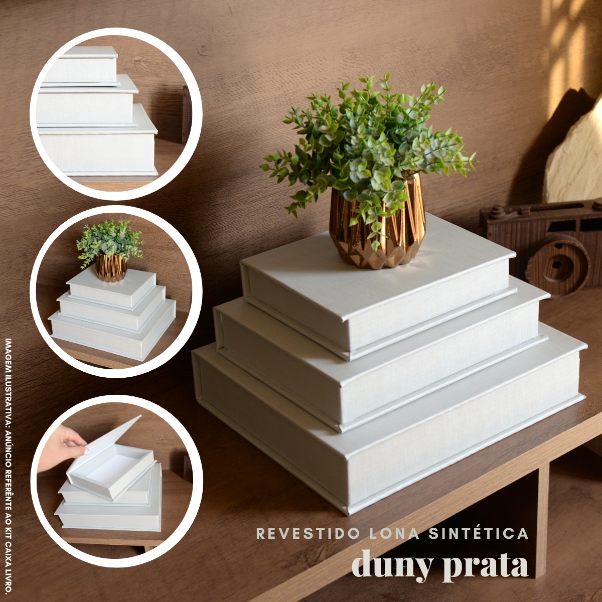 Kit 3 Caixa Livro Falso MDF DUNY PRATA Decorativa Porta Objeto Elegante - Imagem 2