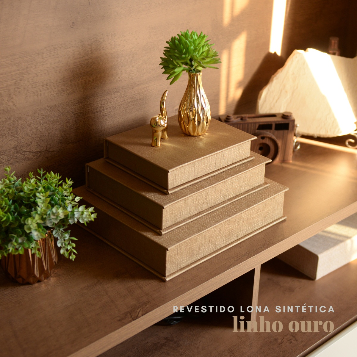 Kit 3 Caixa Livro Falso MDF LINHO OURO Dourada Decorativa Porta Objeto Elegante - Imagem 3