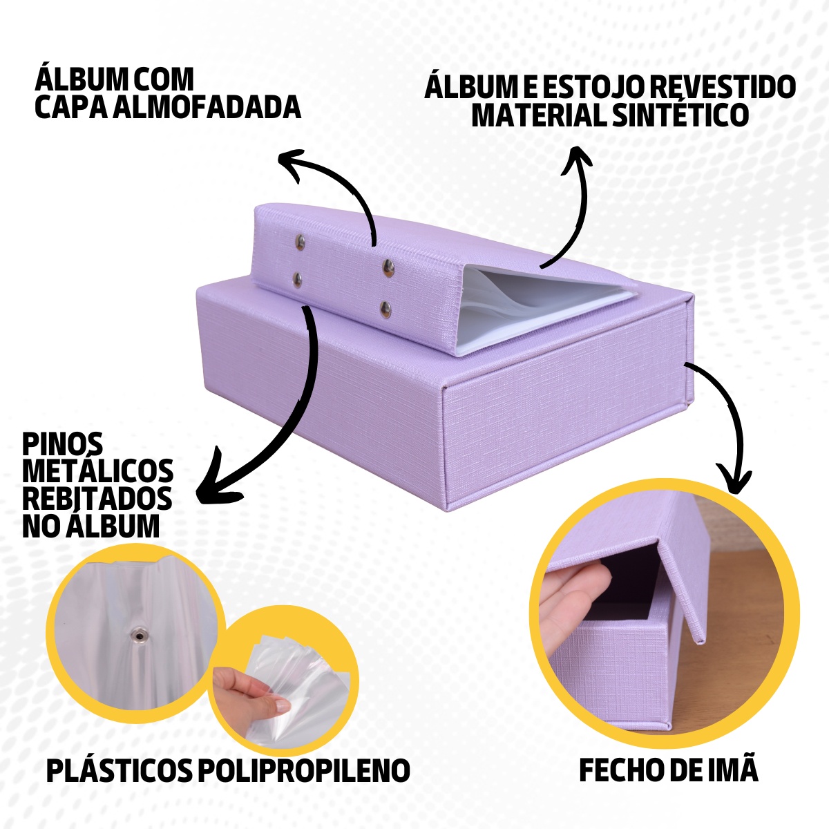 Estojo Imantado com Álbum p/ 120 fotos 10x15 LINHO LILÁS Liso Bebê Caixa Imã Infantil - Imagem 8