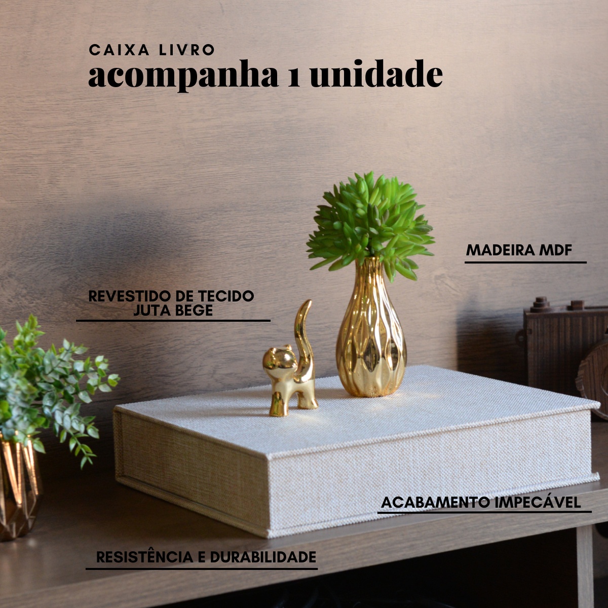 Livro Fake Caixa Decorativa Grande TECIDO JUTA BEGE - G - Imagem 3
