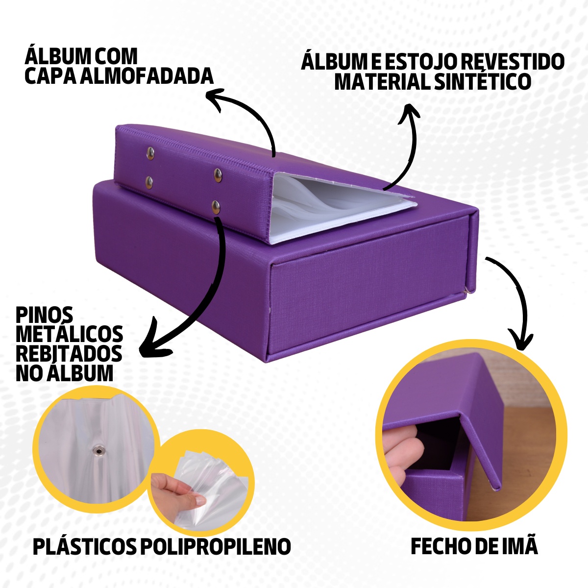 Estojo Imantado com Álbum p/ 120 fotos 10x15 DUNY ROXO Liso Bebê Caixa Imã Infantil - Imagem 8