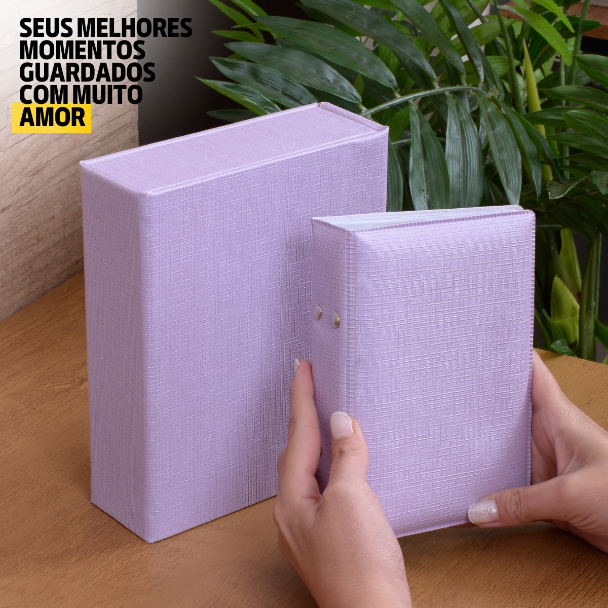 Estojo Imantado com Álbum p/ 120 fotos 10x15 LINHO LILÁS Liso Bebê Caixa Imã Infantil - Imagem 4