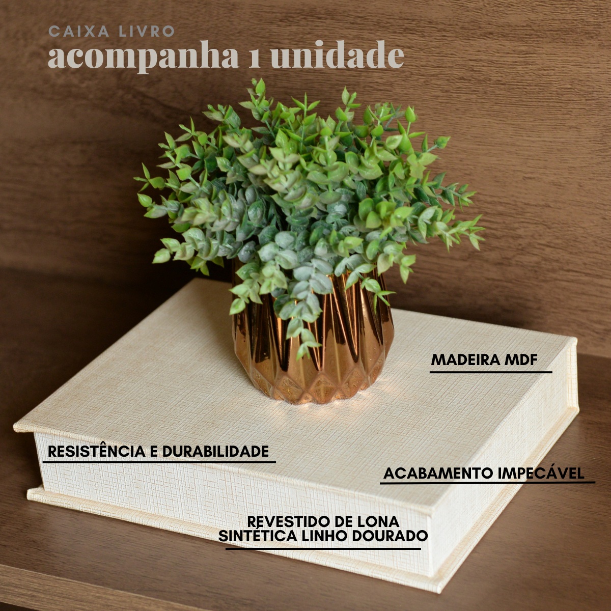 Livro Fake Caixa Decorativa Média LINHO DOURADO - M - Imagem 5