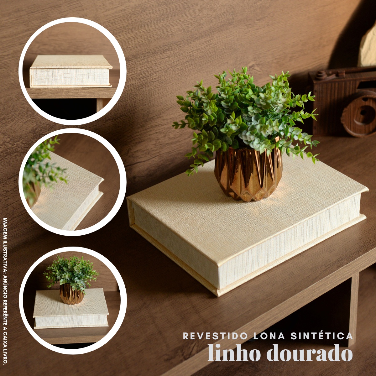 Livro Fake Caixa Decorativa Média LINHO DOURADO - M - Imagem 3