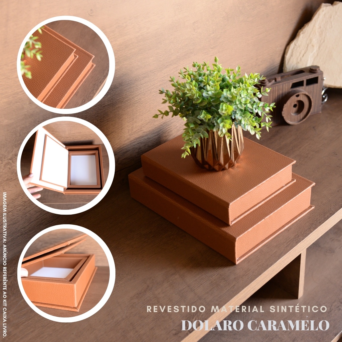 Kit 2 Caixa Livro Falso MDF DOLARO CARAMELO Marrom Decorativa Porta Objeto Elegante - Imagem 2