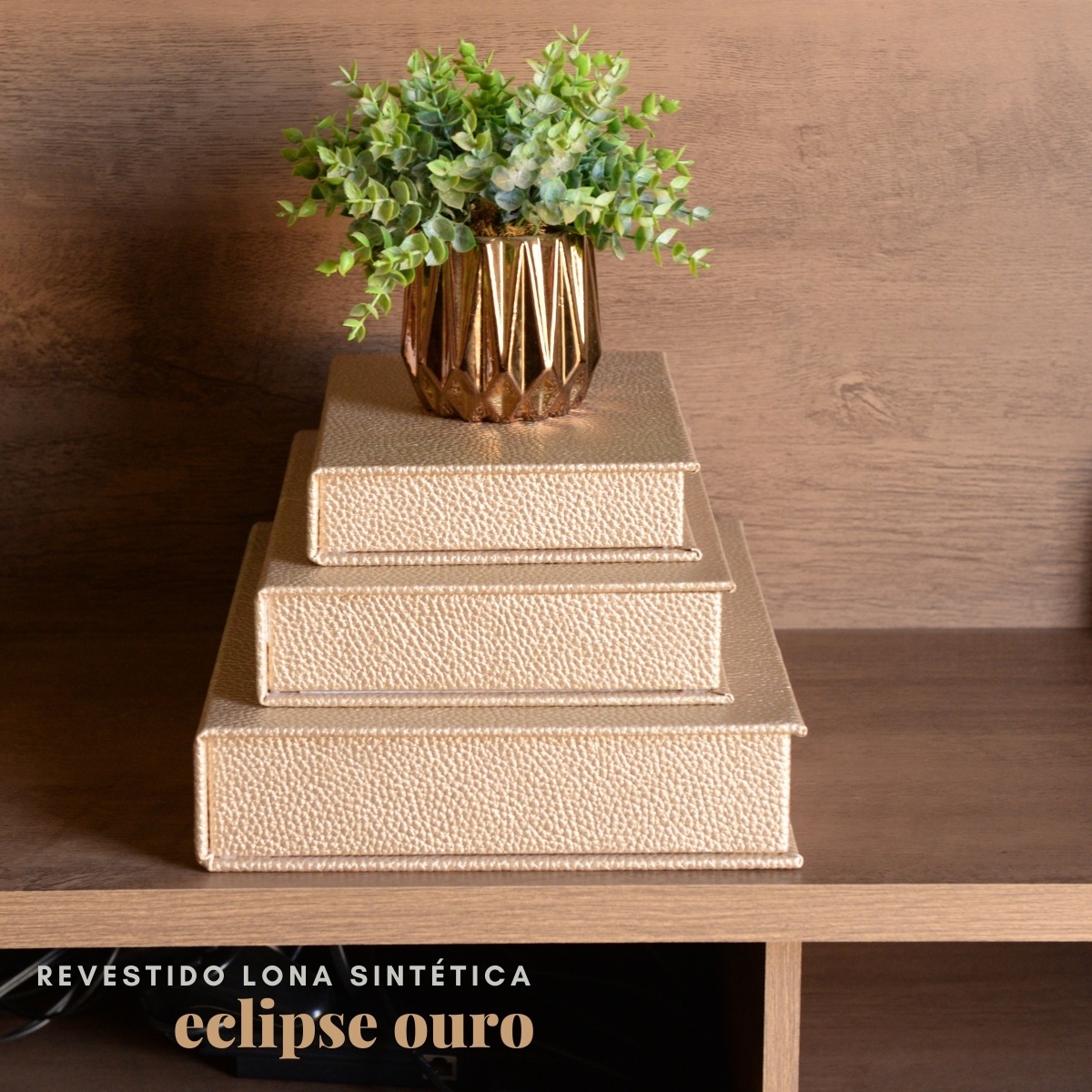 Kit 3 Caixa Livro Falso MDF ECLIPSE OURO Dourado Decorativa Porta Objeto Elegante - Imagem 3