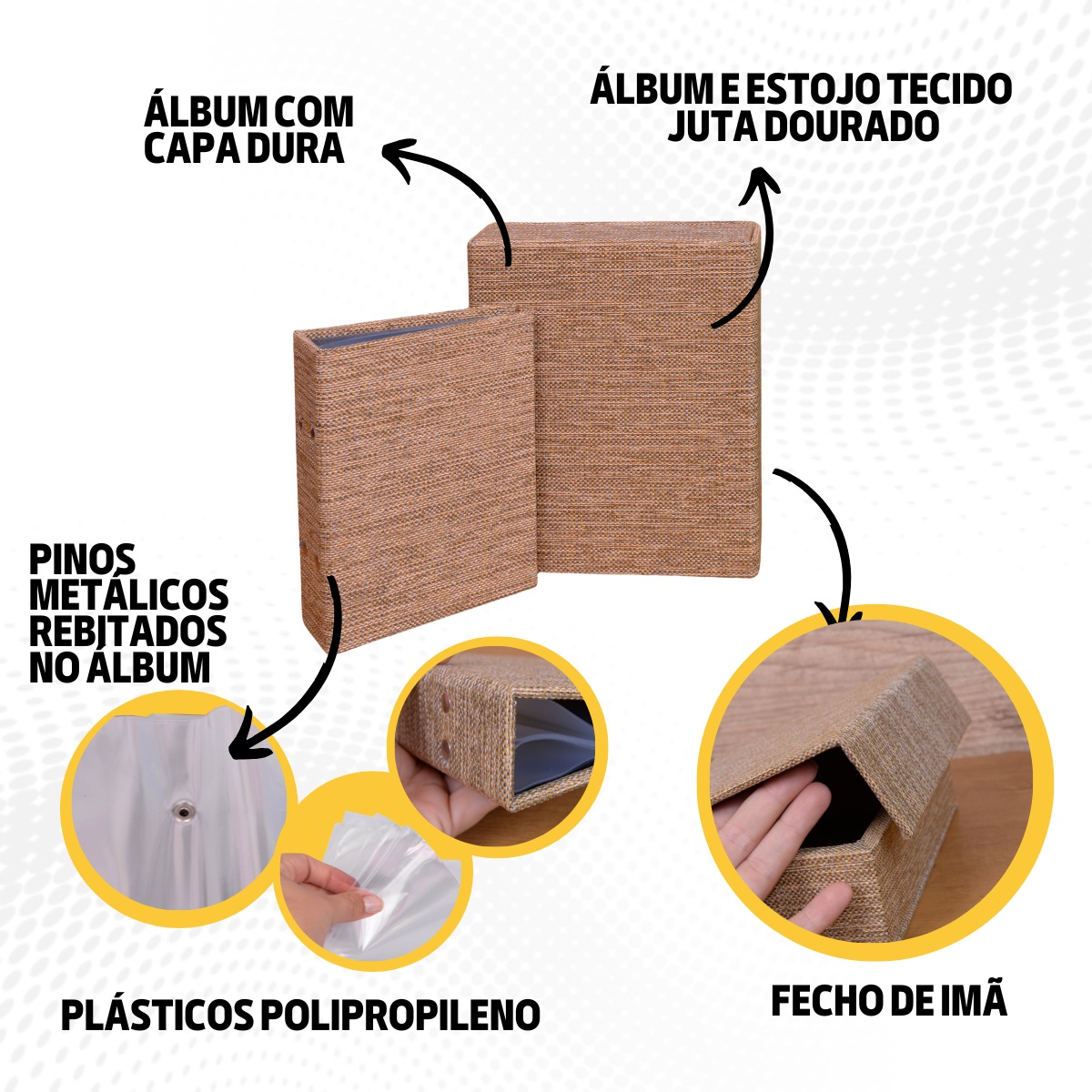 Estojo Imantado com Álbum p/ 120 fotos 10x15 JUTA DOURADO Tecido Caixa Imã - Imagem 8