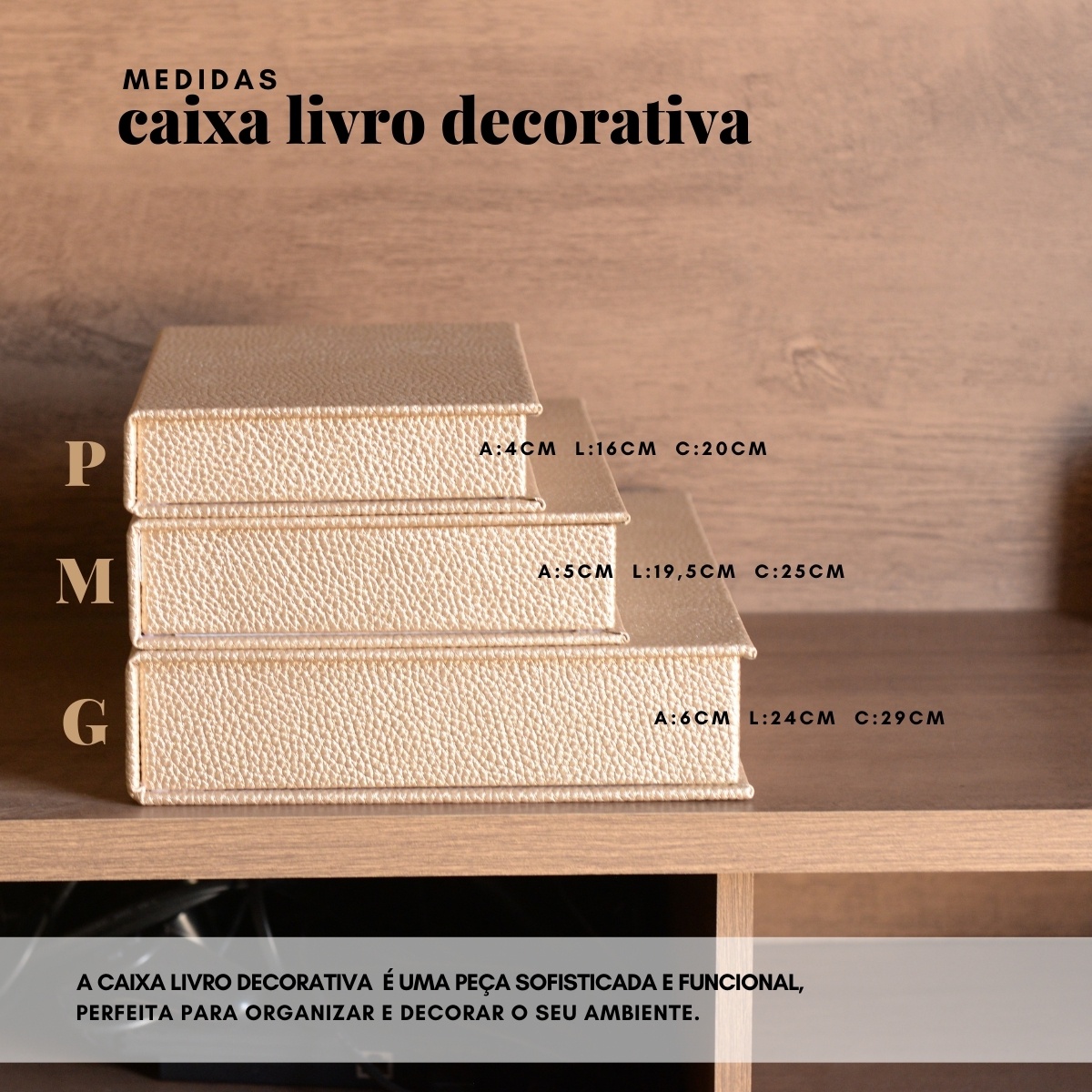 Kit 3 Caixa Livro Falso MDF ECLIPSE OURO Dourado Decorativa Porta Objeto Elegante - Imagem 6