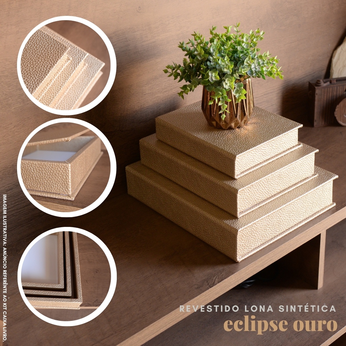 Kit 3 Caixa Livro Falso MDF ECLIPSE OURO Dourado Decorativa Porta Objeto Elegante - Imagem 2