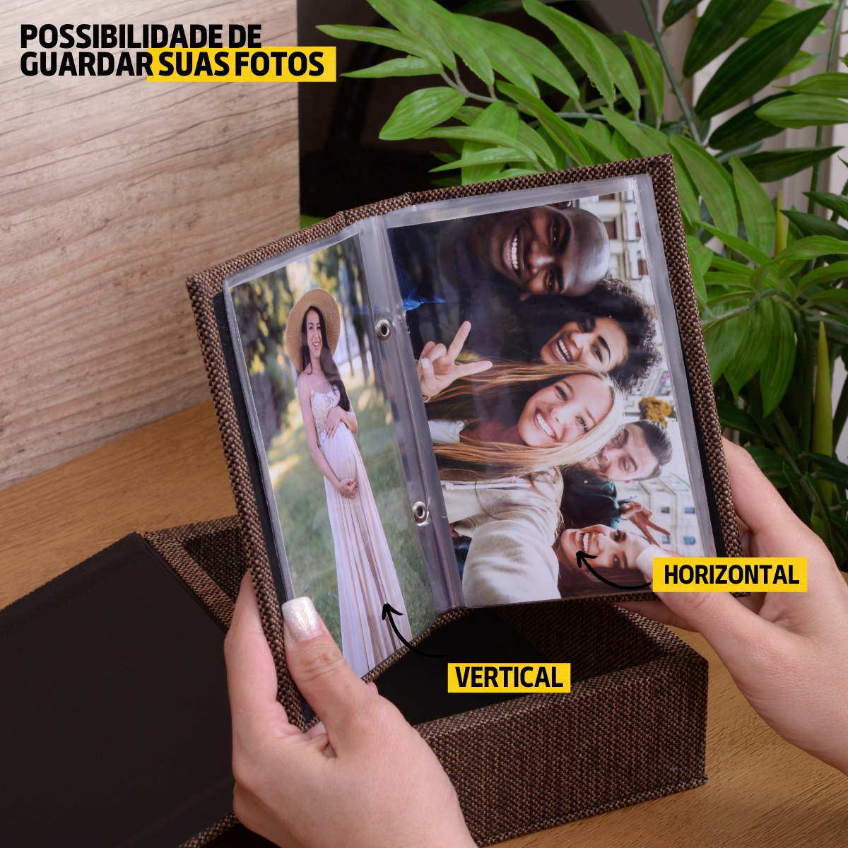 Estojo Imantado com Álbum p/ 120 fotos 10x15 JUTA MARROM Tecido Caixa Imã - Imagem 9