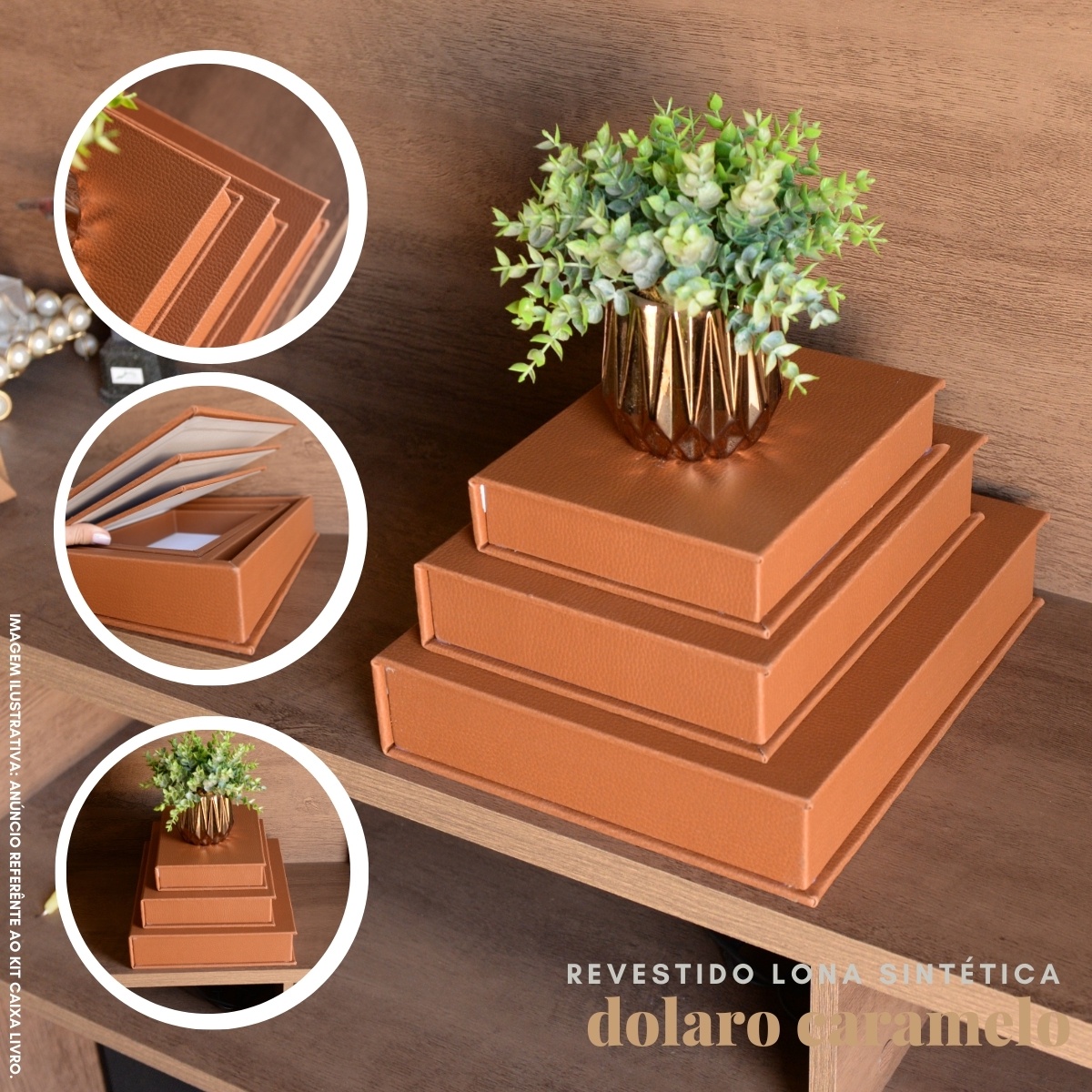 Kit 3 Caixa Livro Falso MDF DOLARO CARAMELO Marrom Decorativa Porta Objeto Elegante - Imagem 2