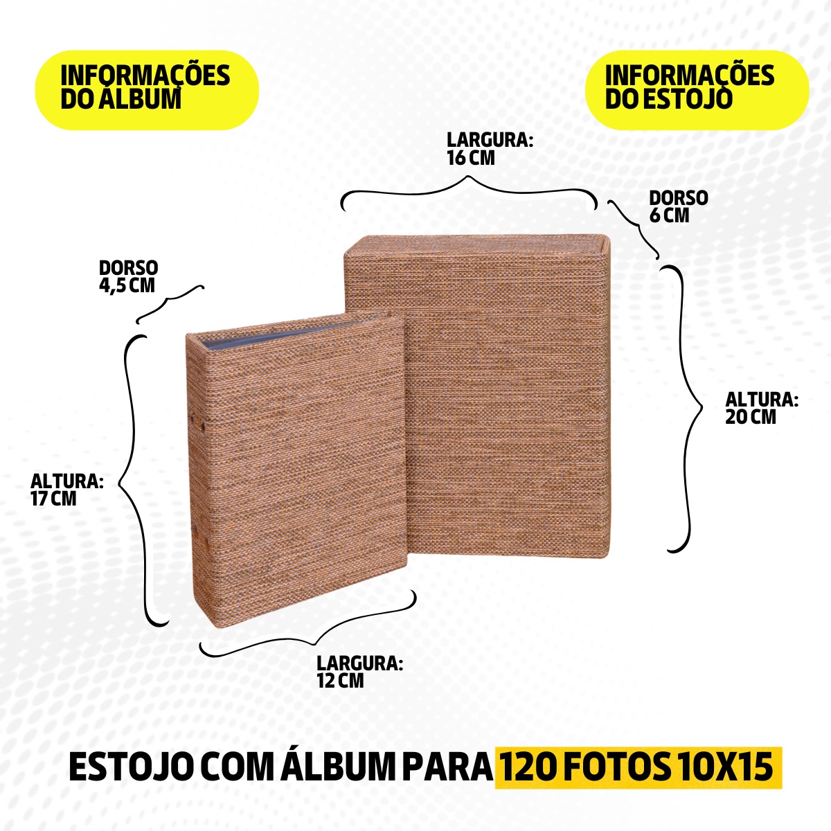Estojo Imantado com Álbum p/ 120 fotos 10x15 JUTA DOURADO Tecido Caixa Imã - Imagem 7
