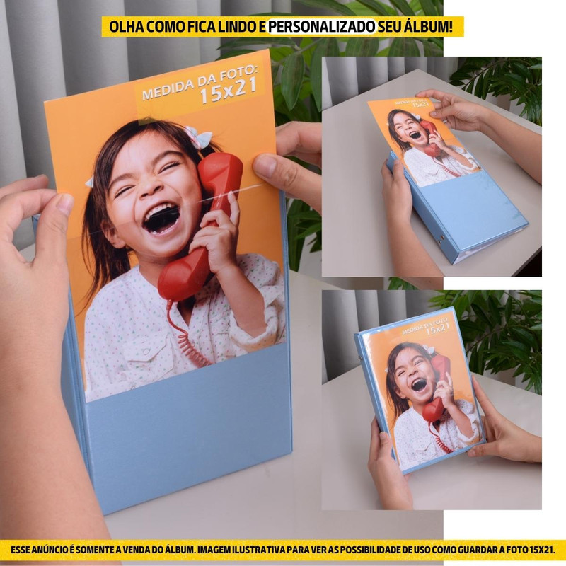 Álbum fotográfico para 100 fotos 15x21 cristal LINHO AZUL Bebê Infantil foto na capa - Imagem 7