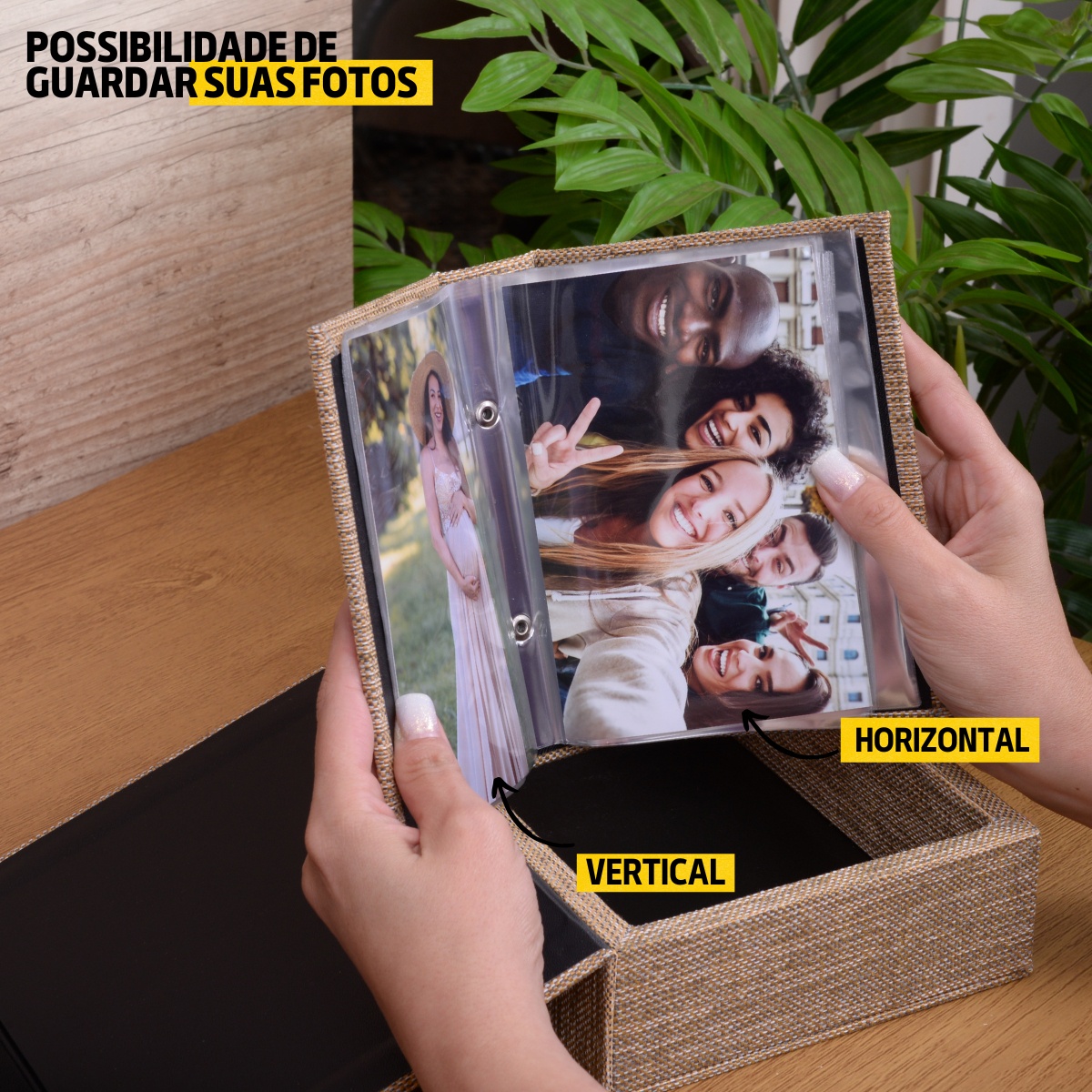 Estojo Imantado com Álbum p/ 120 fotos 10x15 JUTA DOURADO Tecido Caixa Imã - Imagem 6