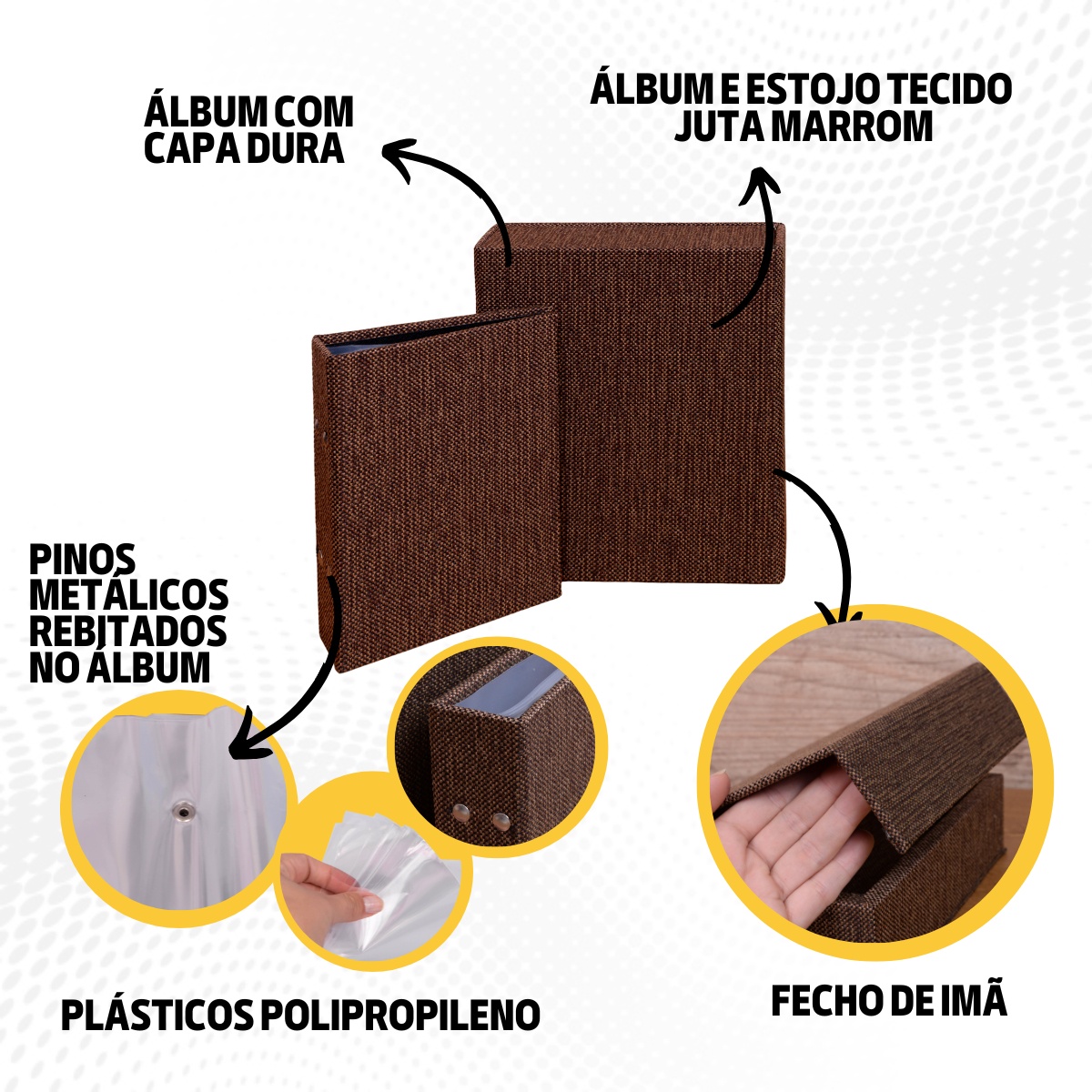 Estojo Imantado com Álbum p/ 120 fotos 10x15 JUTA MARROM Tecido Caixa Imã - Imagem 7