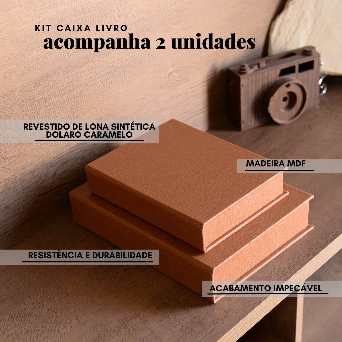 Kit 2 Caixa Livro Falso MDF DOLARO CARAMELO Marrom Decorativa Porta Objeto Elegante - Imagem 9