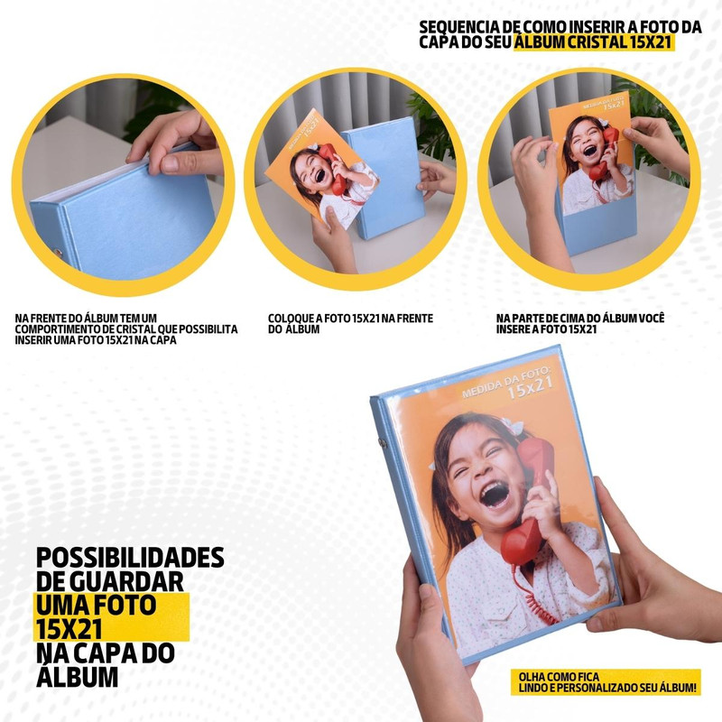 Álbum fotográfico para 100 fotos 15x21 cristal LINHO AZUL Bebê Infantil foto na capa - Imagem 4