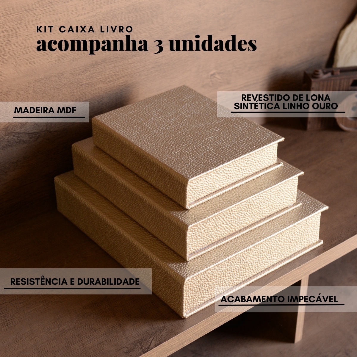 Kit 3 Caixa Livro Falso MDF ECLIPSE OURO Dourado Decorativa Porta Objeto Elegante - Imagem 9